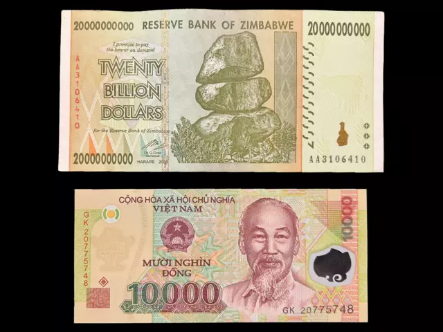 Vietnam 10000 Dong Banknote & Zimbabwe 20 Billion Dollar Bill Currency Money