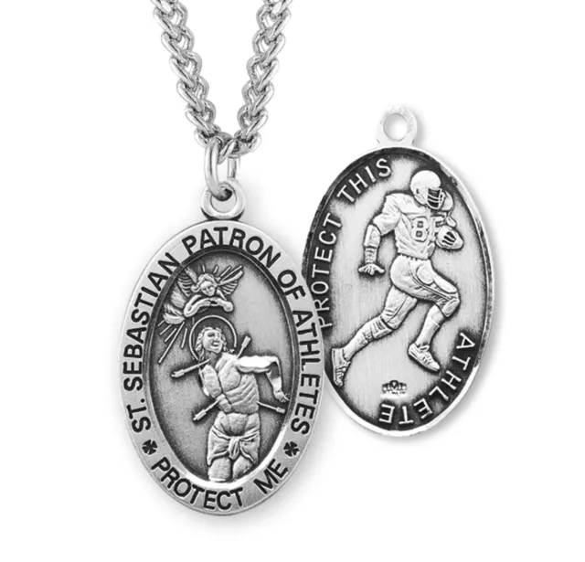 St Sebastian Oval Sterlingsilber Fußball Stecker Athlet Medaille + 24 " Kette