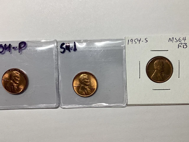 BU Red Gem 1954 P D S Lincoln Wheat Cent  3 Penny Set Superb Looking Coins