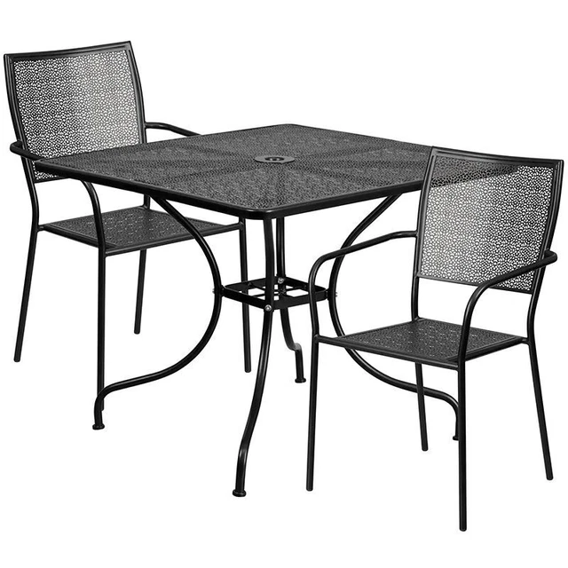 Commercial Grade 35.5" Square Black Indoor/Outdoor Steel Patio Table Set w/2 Squ