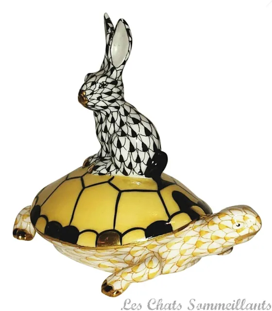 Herend, Tortoise & Hare Porcelain Figurine, Black + Butterscotch, Flawless