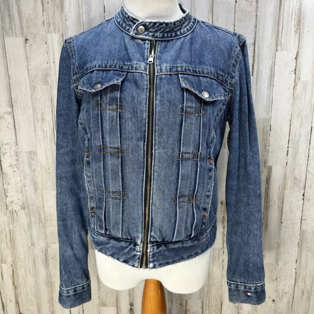 Vintage Tommy Hilfiger Denim Zip Jacket Womens Sz M Blue Jean Band Collar Snap