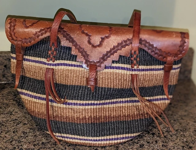 Woven Sisal and Tooled Leather Market Bag Basket Tote Large Bucket Boho Woven Sisal and Tooled Leather Market Bag Basket Tote Large Bucket Boho