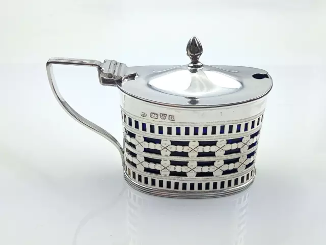Antique Victorian Silver Open Work Mustard Pot & Blue Glass Liner Chester 1900