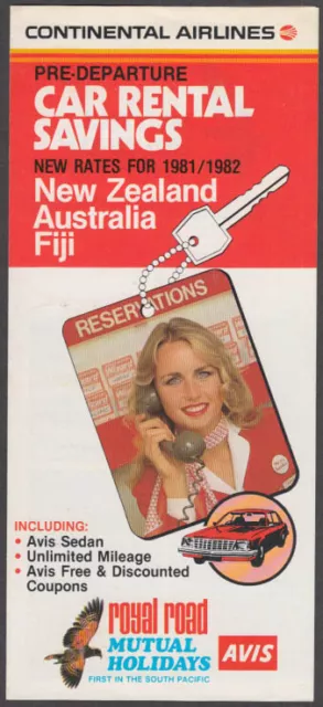 Continental Airlines New Zealand Australia Fiji Avis Rent-a-Car folder 1982