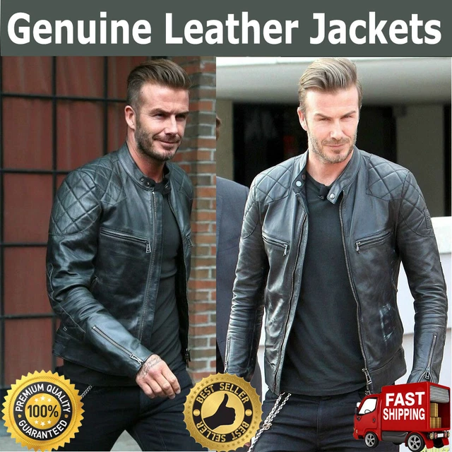 Mens Black David Beckham Real Leather Biker Jacket Vintage Cafe Racer Slim Fit