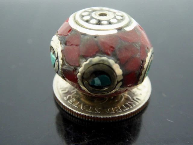 Vintage Nepalese Natural Inlaid Coral Turquoise Rondelle Pendant Focal Bead 1 Pc 11