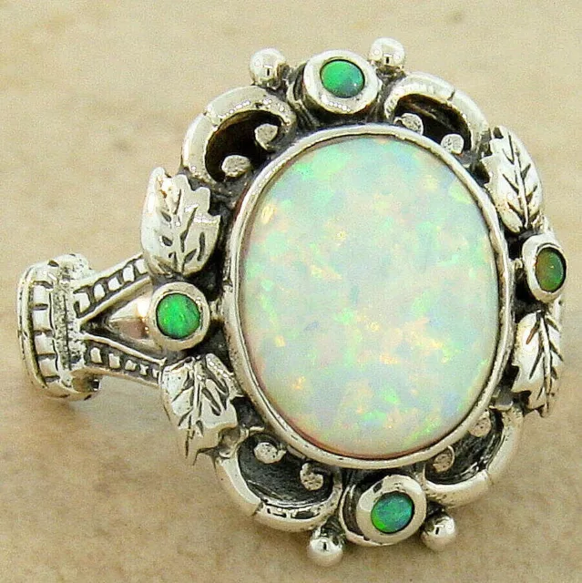 925 Sterling Silver Victorian Style Lab-Created Opal Floral Ring            #834