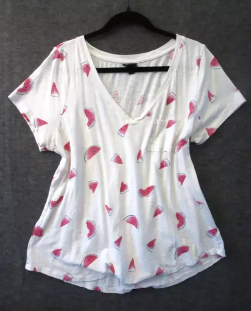 Torrid T-Shirt Women Size 1 White Watermelon Print V-Neck Short Sleeve Pocket