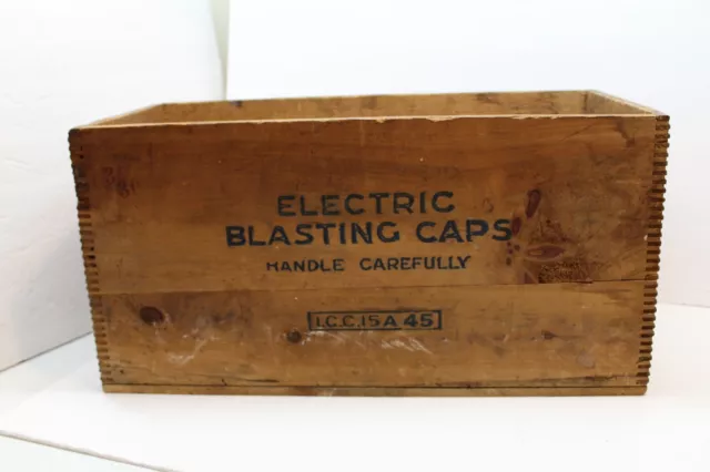 Antique Atlas Dynamite Blasting Caps Wooden Dovetail Box Crate