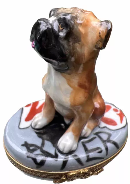 Peint Main Limoges France Boxer Dog Porcelain Hand Painted Trinket Box, Signed