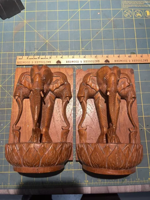 Stunning Vintage PAIR of Hand Carved Wood Triple Elephant Folding Bookends