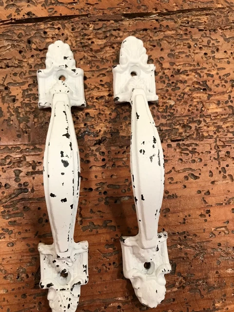 (2) TWO White CAST IRON Rustic Cabinet Shed Gate Door Drawer Handles Pulls