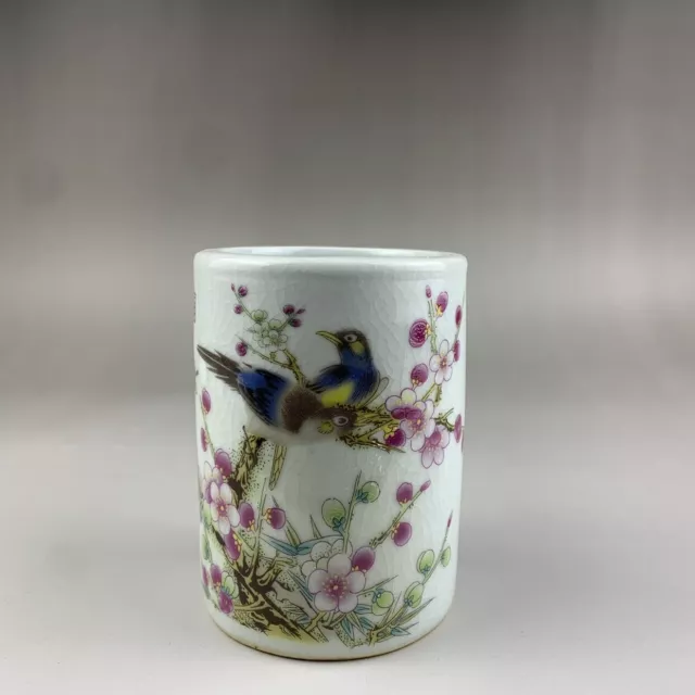 China Famille Rose Porcelain Qing Guangxu Flower Bird Design Pot Pen Holder 4.2"