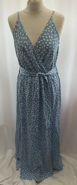 Shein Dress Size 12/14 Blue Spotty Sleeveless Midi Polyester V Neck Strappy Slit