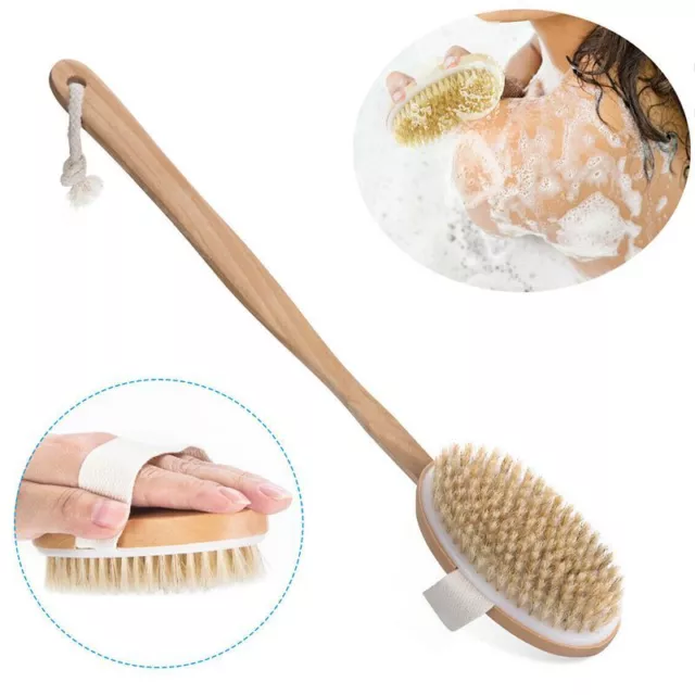 UK Wooden Shower Body Bath Brush Long Handle Skin Back Massage Scrubber Bathroom