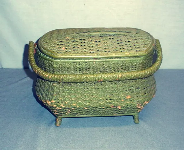 Antique Victorian Woven Wicker Sewing Basket with Handle & Footed