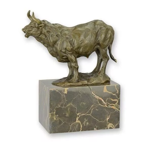 BRONZESKULPTUR Bulle auf Marmorsockel STIER Dekoration STATUE Bronze EJA0796.2