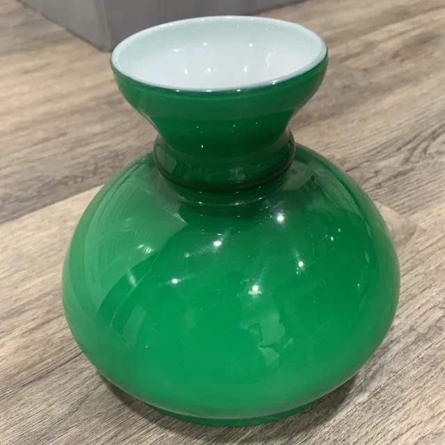 Vtg Antique Green Cased Glass Student Oil Kerosene Lamp Shade Ruffled 6" Fitter