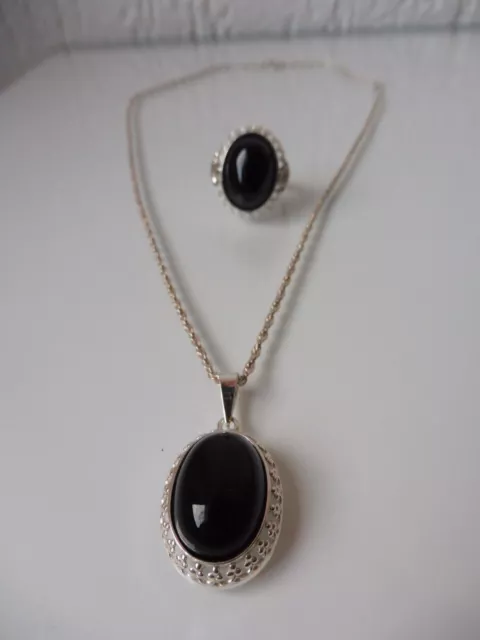 Élégant Set de Bijoux, Collier avec Pendentif Et Anneau, 835 Argent à Onyx