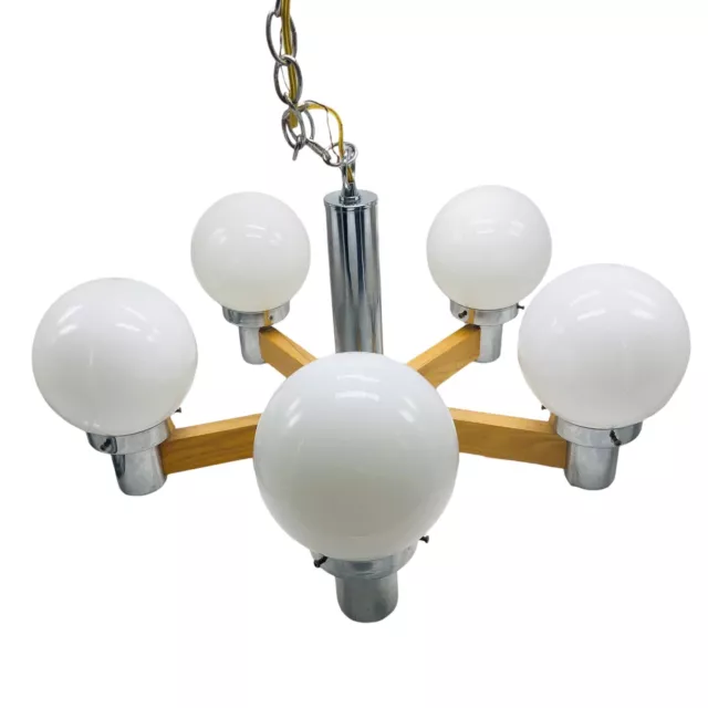 MCM 5 Arm Globe Ceiling Light Fixture Chandelier Glass Wood Chrome Atomic CA