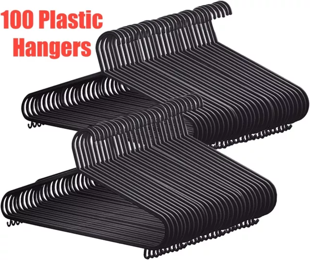 100 Black Adult Clothes Plastic Hangers Coat  Trousers/Hangers W Trouser Bar