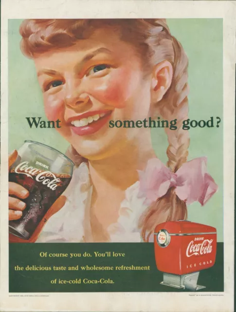 1951 Coca Cola Glass Pigtails Smiling Girl Hair Bow Ribbon Vintage Print Ad SP15