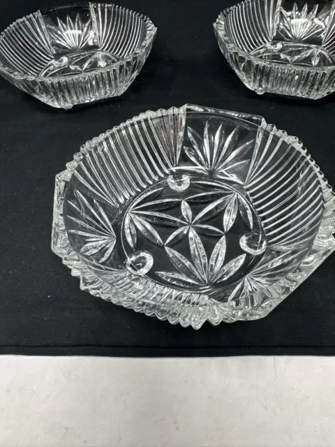 Vintage Art Deco Cut Glass 6” Round Serving Bowl Dish W/Glass Nub Feet
