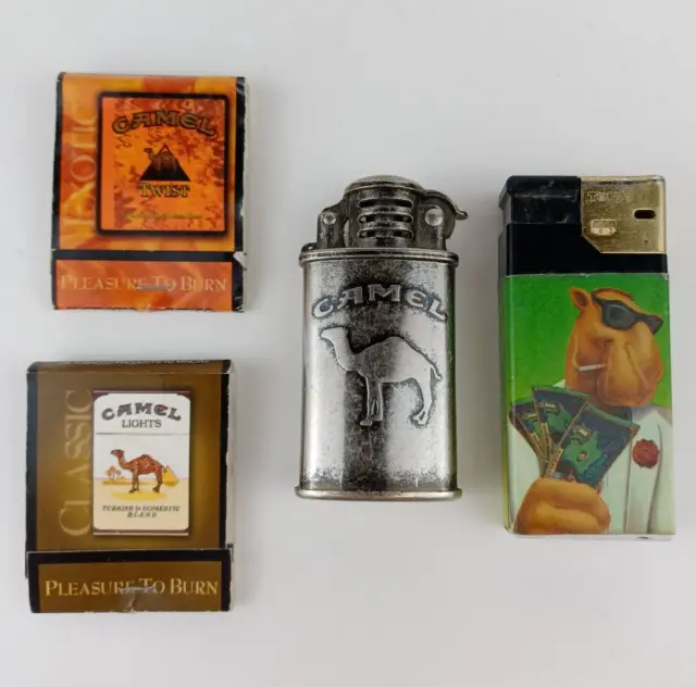 2 CAMEL Cigarette Lighters- 1 Brushed Metal/1 TOKAI Joe Camel + 2 Matchbooks VTG