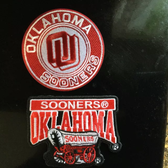 (2) OU Oklahoma SOONERS Vintage Embroidered Iron On Patches Patch Lot 3”