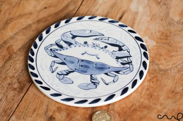 Hand-painted Crab Blue and White Ceramic Round Trivet 6" 15cm Stoneware Tile