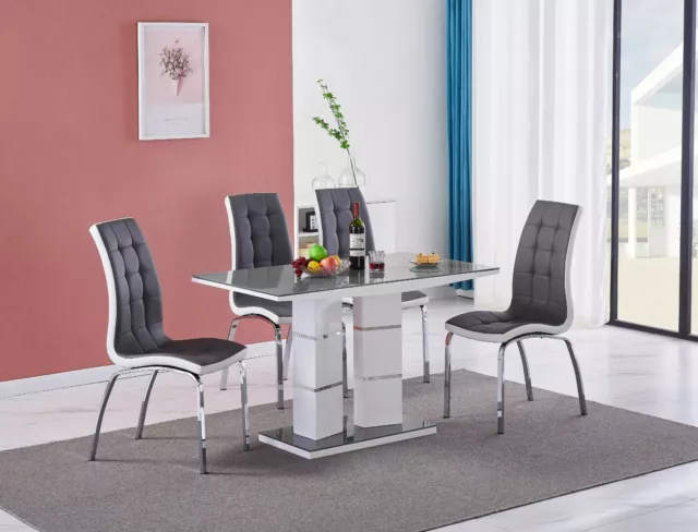 TIVOLI Grey Glass White High Gloss Dining Table Set and 4 Faux Leather Chairs