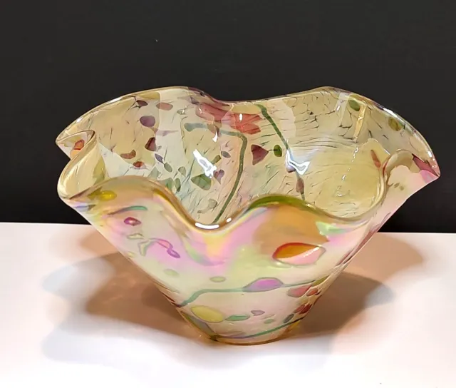 Glass Eye Studio Iridescent Art Glass Ruffled Candy Dish Bowl Hand Blown 6"
