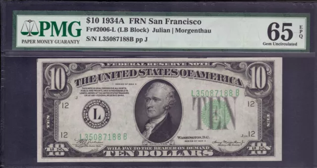 1934 A $10 Federal Reserve Note San Francisco Fr.2006-L Lb Block Pmg Gem 65 Epq