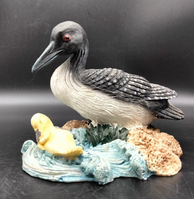 Loon Bird with Chick Natural Wildlife Figurine Resin Collector Piece 4"T x 4.5"L