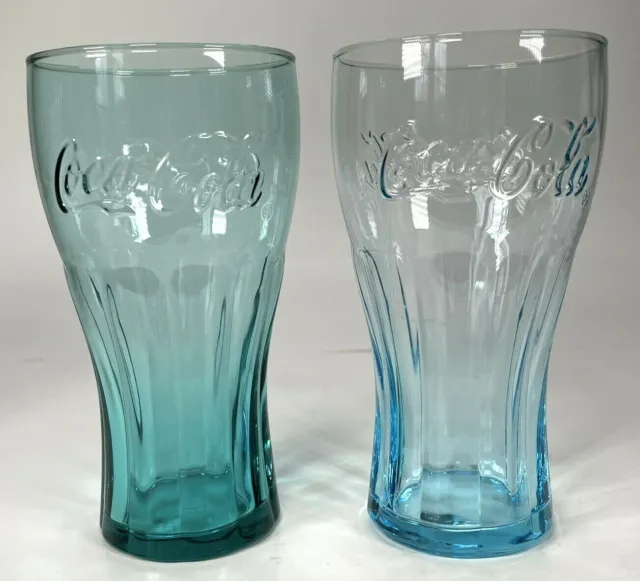 Vintage Coca Cola Drinking Glasses Aqua & Green 6" Tall Retro Set of 2 USA