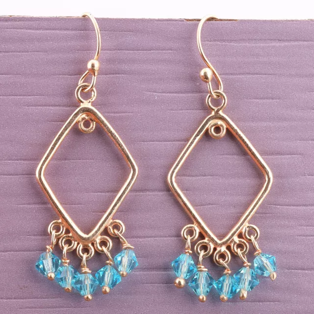 Azul Cristal Cuentas Pendientes Chapado en Oro Rosa 925 Plata de Ley Pendientes 3