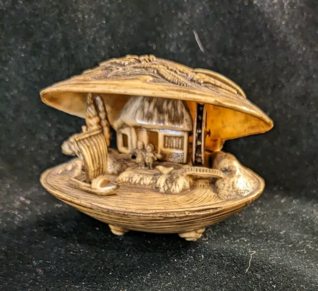 Vintage Japanese Carved Celluloid Clam Shell Diorama Tree Water Wheel Mill 3"