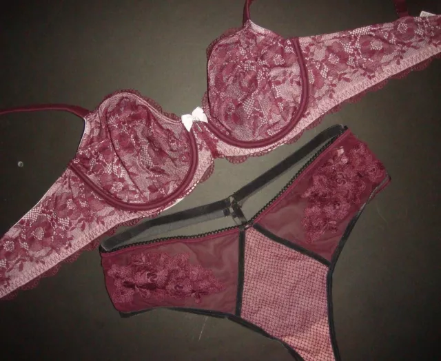 Victoria's Secret unlined 36D,36DD BRA SET XL shine strap thong burgundy  Maroon