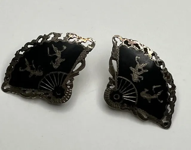 Vintage Siam Black Enamel Niello Dancer Sterling Silver 925 Screw Back Earrings