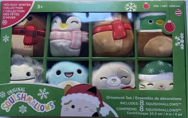Squishmallows Christmas Ornament Set of 8 Plush 4" Holiday WINTER Collection