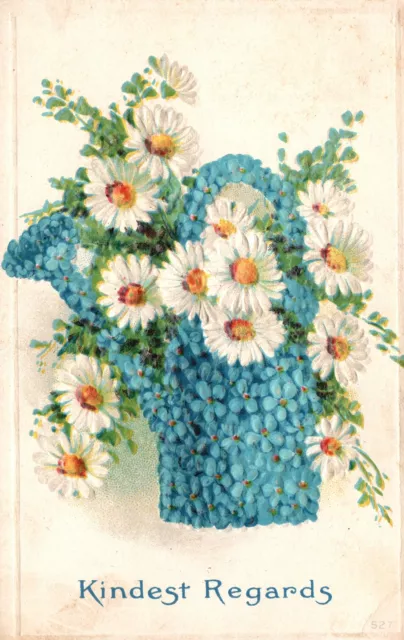 Vintage Postcard 1910s Kindest Regards Greetings Blue White Flowers Watering Pot
