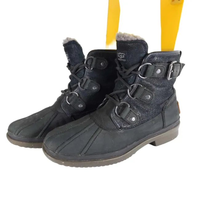 UGG  Women's Cecile US 6 Black Leather Waterproof Sheepskin Lined Duck Boots