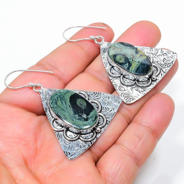 Kambaba Jaspis Edelstein Handarbeit 925 Sterlingsilber Schmuck Ohrring 2,17" h887