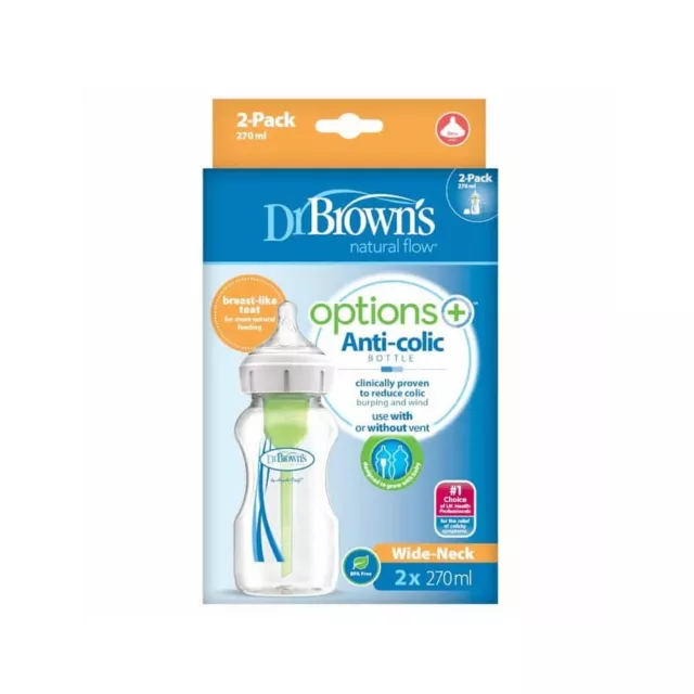 Dr Brown's Options+ Anti-Colic Wide Neck 270ml Baby Bottles - Pack of 2