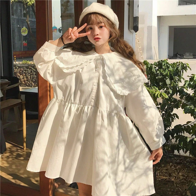 Abito donna ragazza Lolita manica lunga pizzo camicia sciolta camicetta casual top bianco