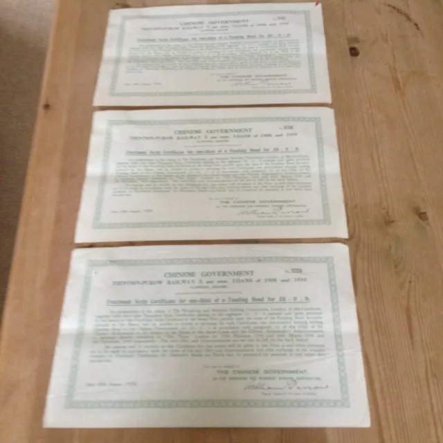 3 Chinese Government Tientsin-Pukow Railway loan certificates 1908/1910