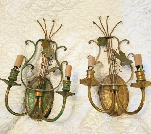 Antique Solid Brass Double Arm Sconces French Lyre Harp Wired Old Verdigris