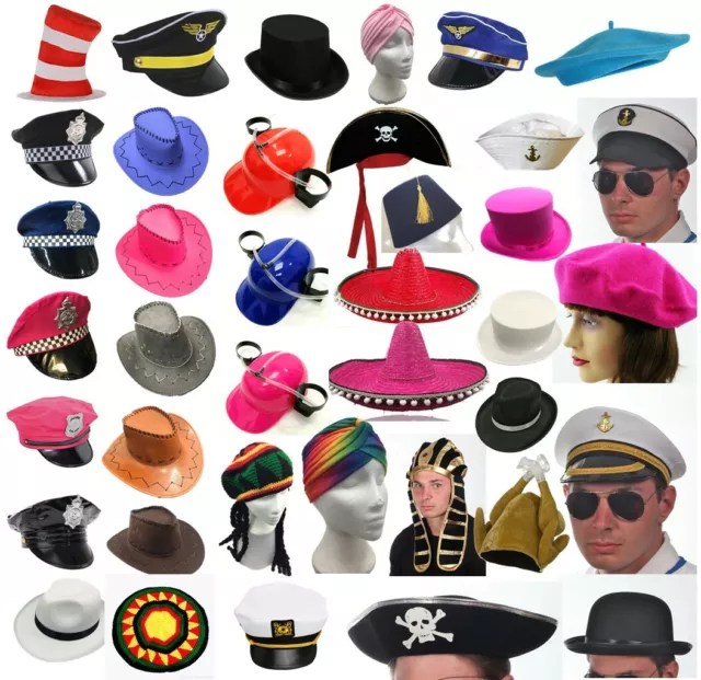 Fancy Dress Hats Cowboy Pirate Police Gangster Top Hat Bowler Graduation Lot