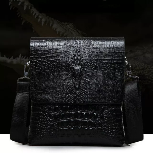 Men's Sling Shoulder Bag Leather Black Crocodile Crossbody Bag 10" Messenger Bag 2